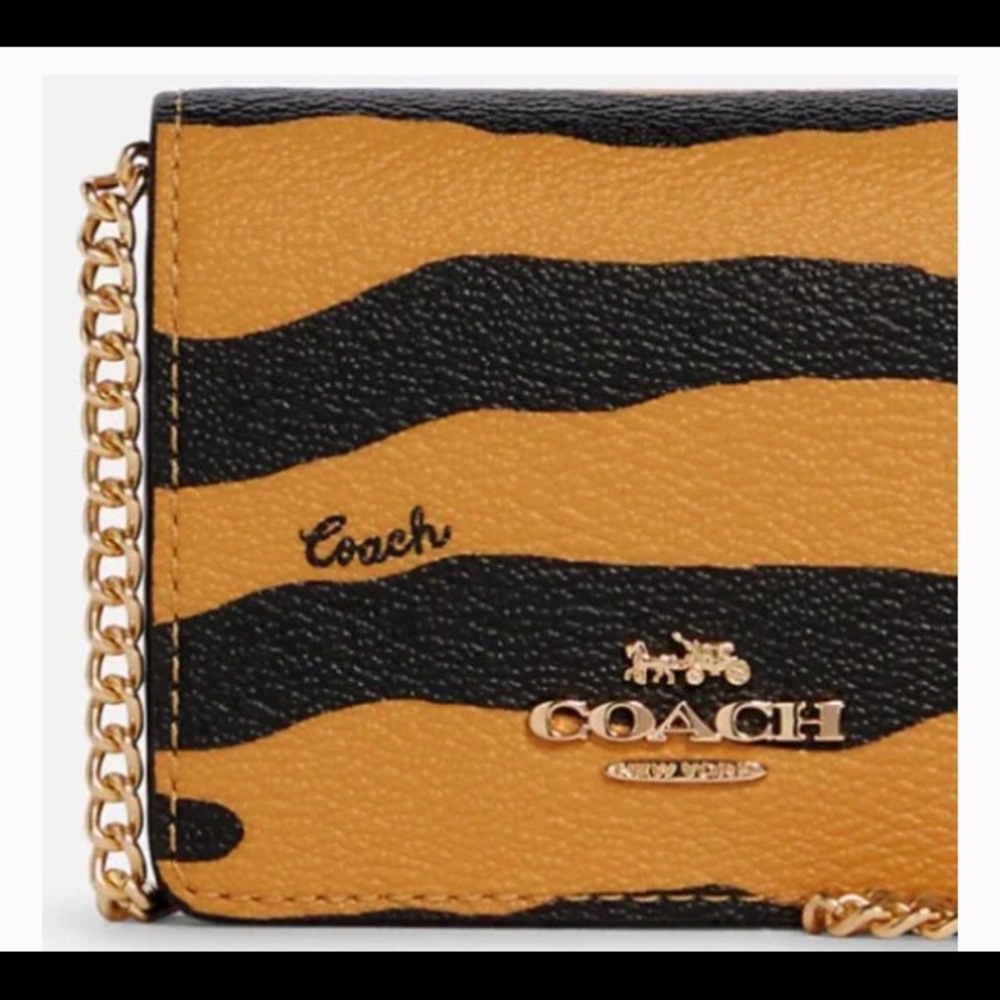 NWT COACH Mini Wallet purse On A Chain With Tiger Print Canvas & Refined Leather